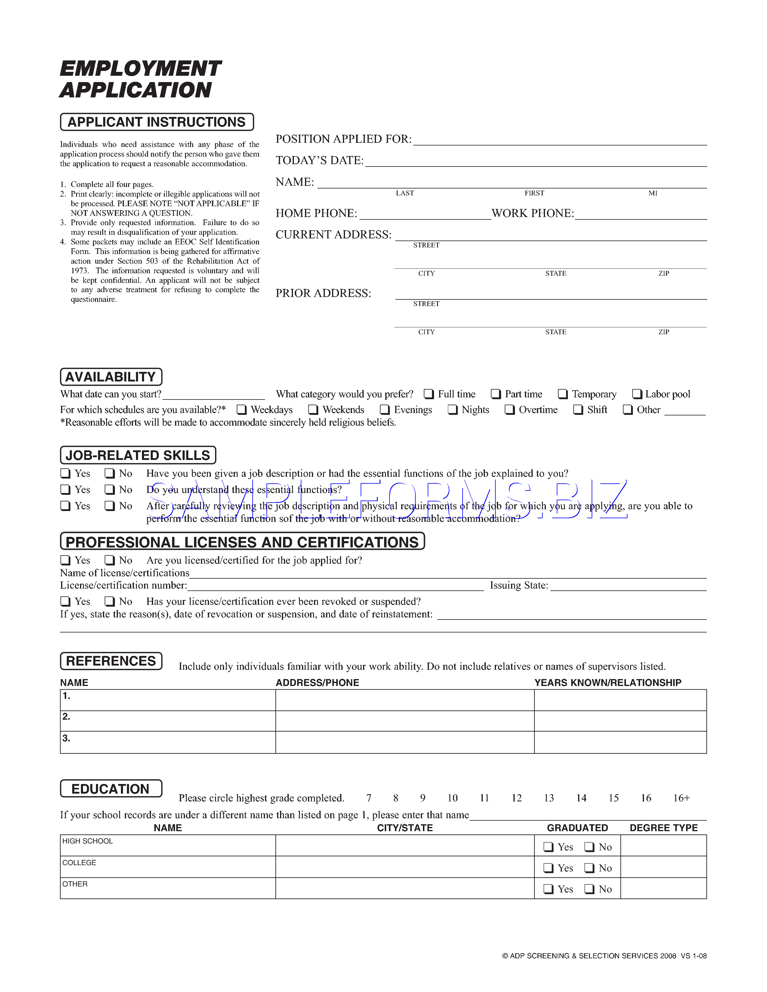 Preview free downloadable Massachusetts job Application Form 1 in PDF (page 1)