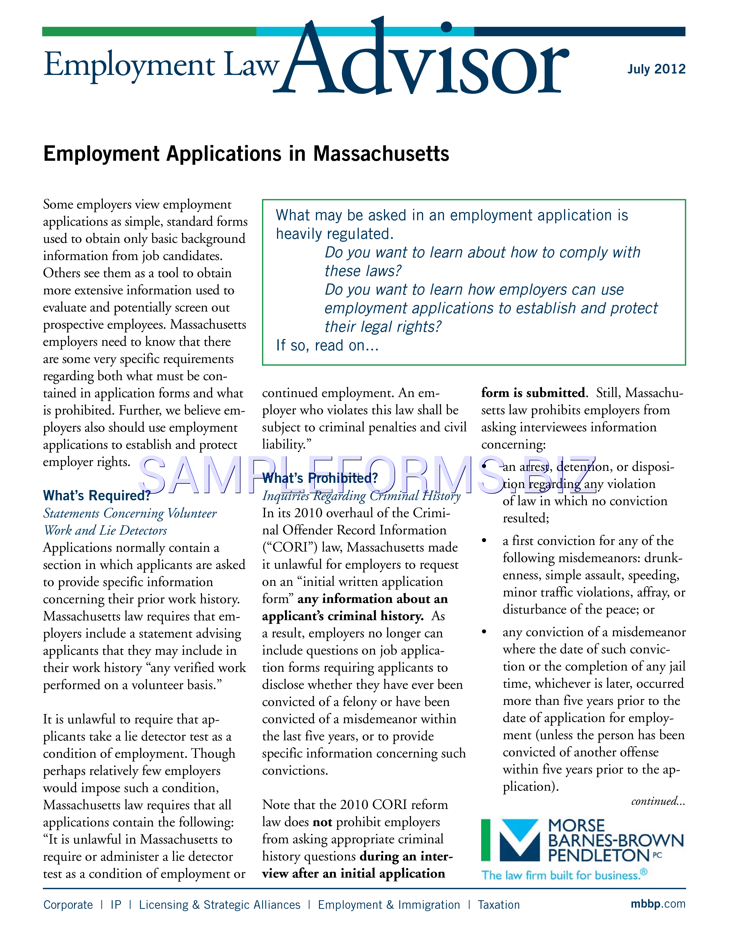 Preview free downloadable Massachusetts job Application Form 2 in PDF (page 1)