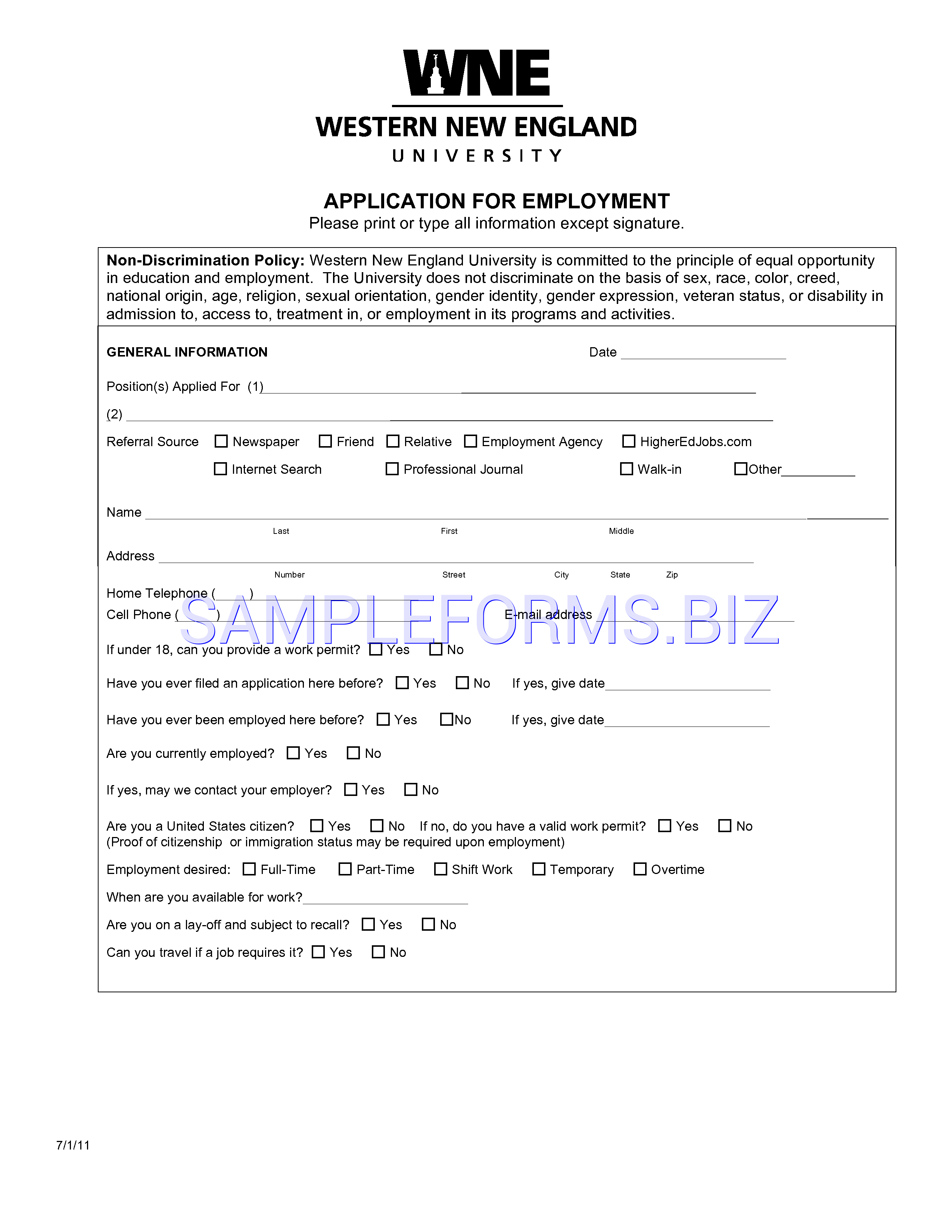 Preview free downloadable Massachusetts job Application Form 3 in PDF (page 1)